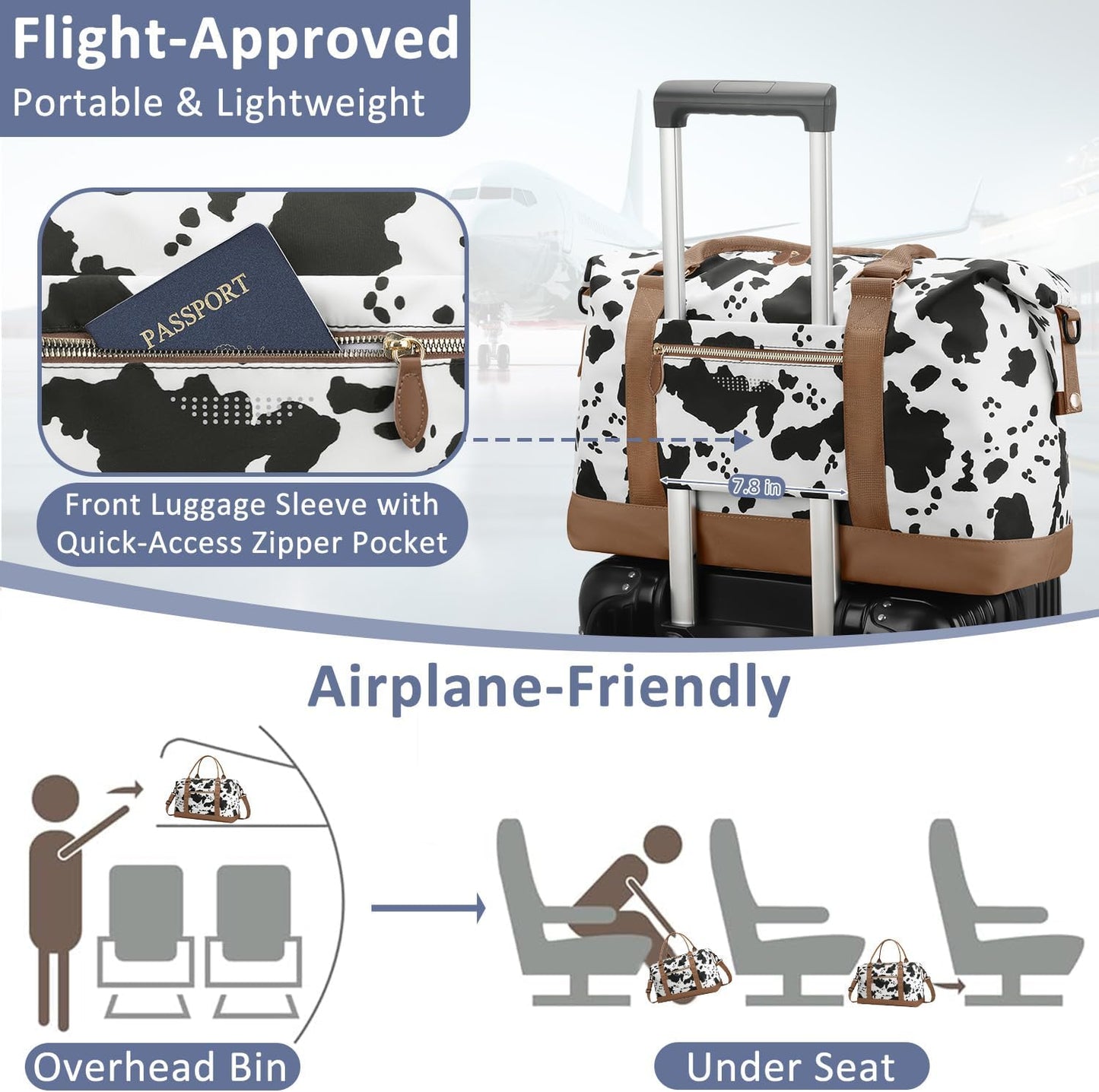Travel Duffle Bag for Women, Weekender Bags, Hospital Bag for Labor Delivery, Lightweight Tote Duffel Overnight Bag with Luggage Sleeve, Airplane Travel Bags with Toiletry Bag, Large, Cow
