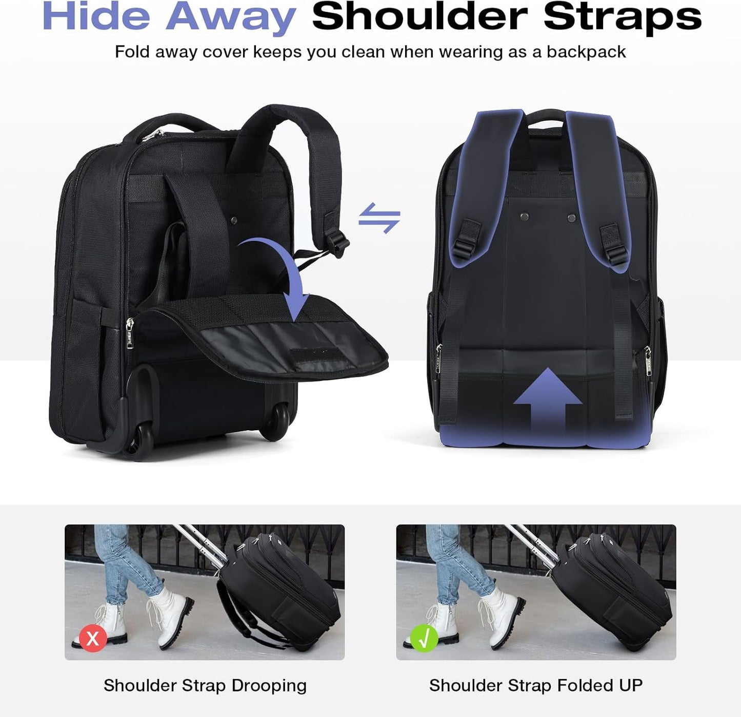 Rolling Backpack for Adults,18 Inch Waterproof Carry-on Back pack with Wheels, Wheeled Carry-on Luggage, Travel Bag for Men Women， Trolley Laptop Backpacks, Black Large