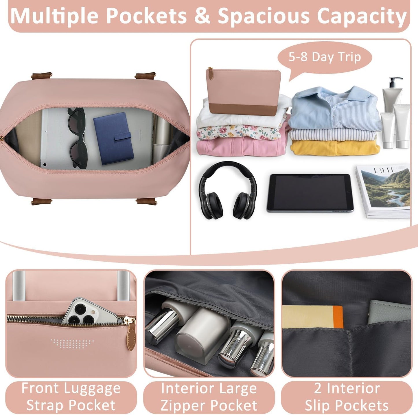 Travel Duffle Bag for Women, Weekender Bags, Hospital Bag for Labor Delivery, Lightweight Tote Duffel Overnight Bag with Luggage Sleeve, Airplane Travel Bags with Toiletry Bag, X-Large,Pink