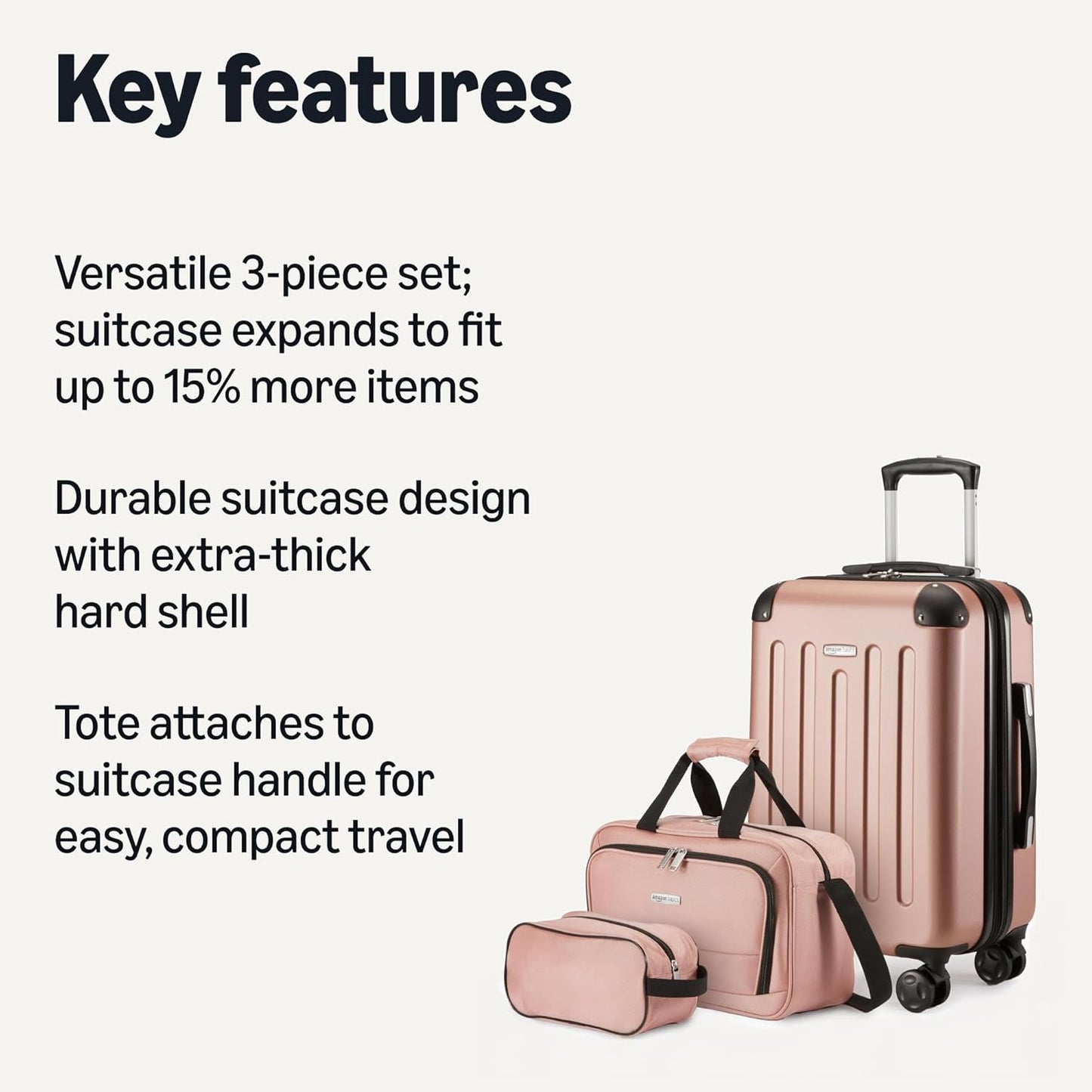 Amazon Basics 3-Piece Luggage Set, Including Carry-On Luggage (22" Expandable Hardside Suitcase With 8 Spinner Wheels), 15" Tote Bag, and 10" Compact Travel Bag, Rose Gold