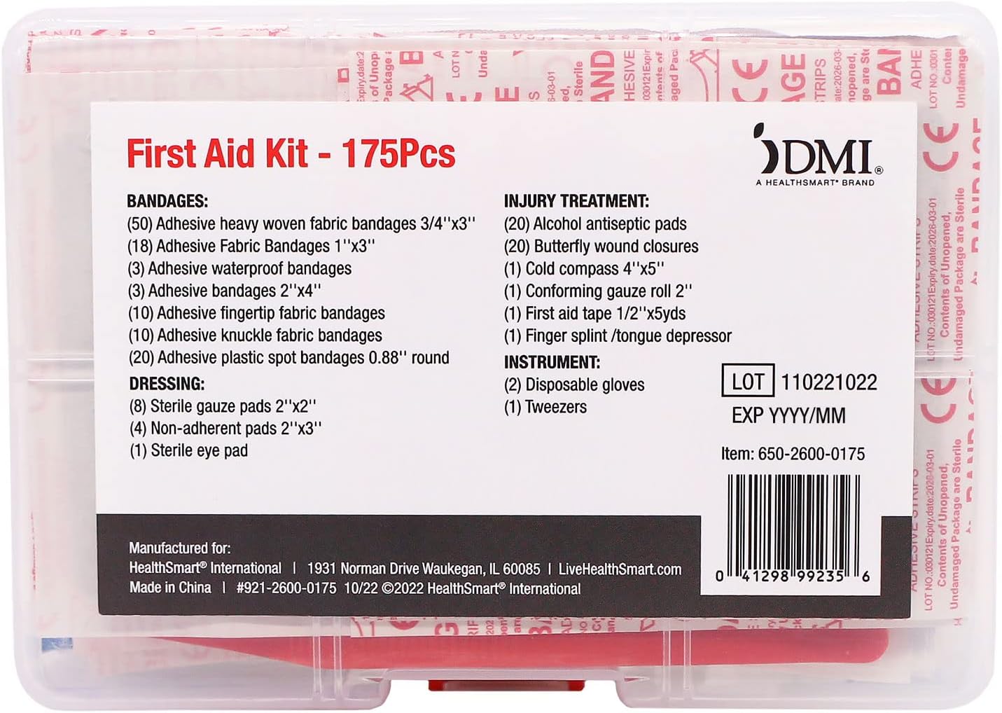 DMI 175-Piece First Aid Kit for Minor Injuries, Cuts and Scrapes, All-Purpose, Portable and Convenient, Includes Bandages, Injury Treatment, Dressings, and Instruments, HSA & FSA Eligible