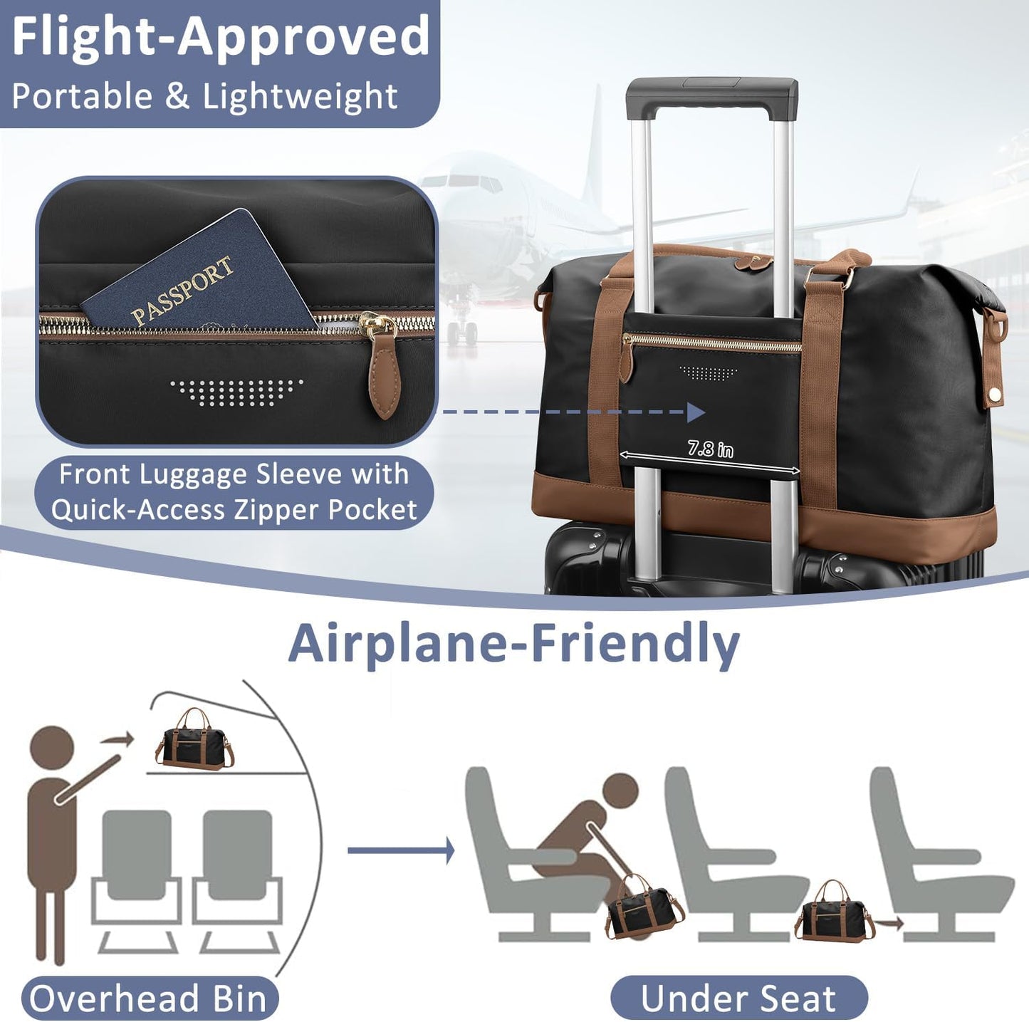 Travel Duffle Bag for Women, Weekender Bags, Hospital Bag for Labor Delivery, Lightweight Tote Duffel Overnight Bag with Luggage Sleeve, Airplane Travel Bags with Toiletry Bag, Large, Black