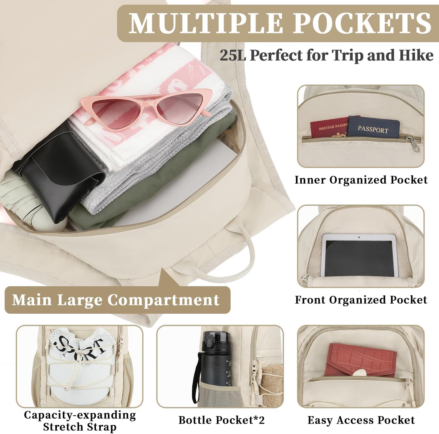 ZOMFELT Hiking Backpack for Women Men, 25L Lightweight Packable Backpacks for Trip, Water Resistant Small Travel Backpack, Foldable daypack for Hiking, Walking, Cycling, Camping, Beige