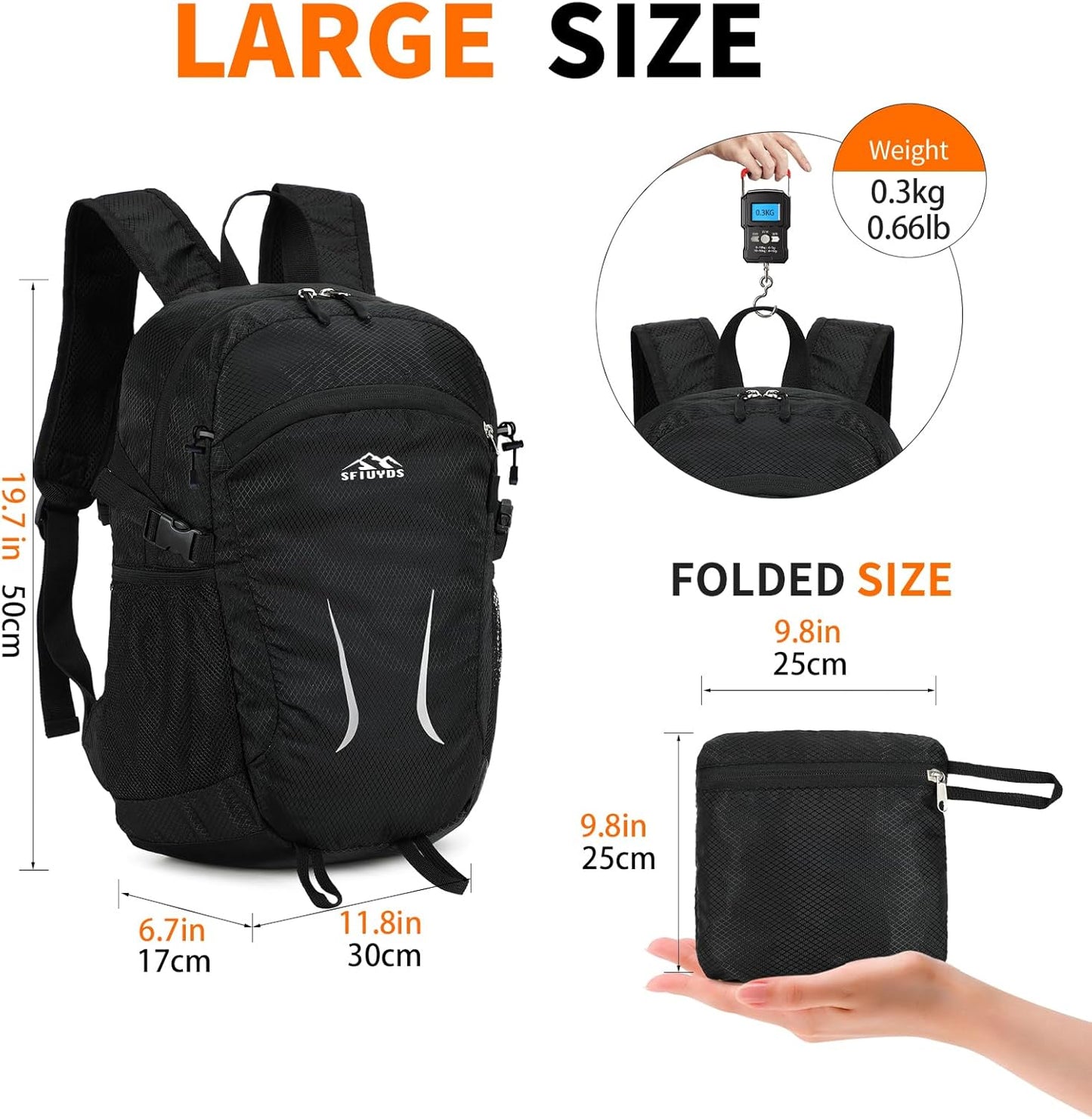 Large Hiking Daypack,30L Water Resistant Hiking Backpack Packable Lightweight Travel Day Pack for Women Men (Black, Large)