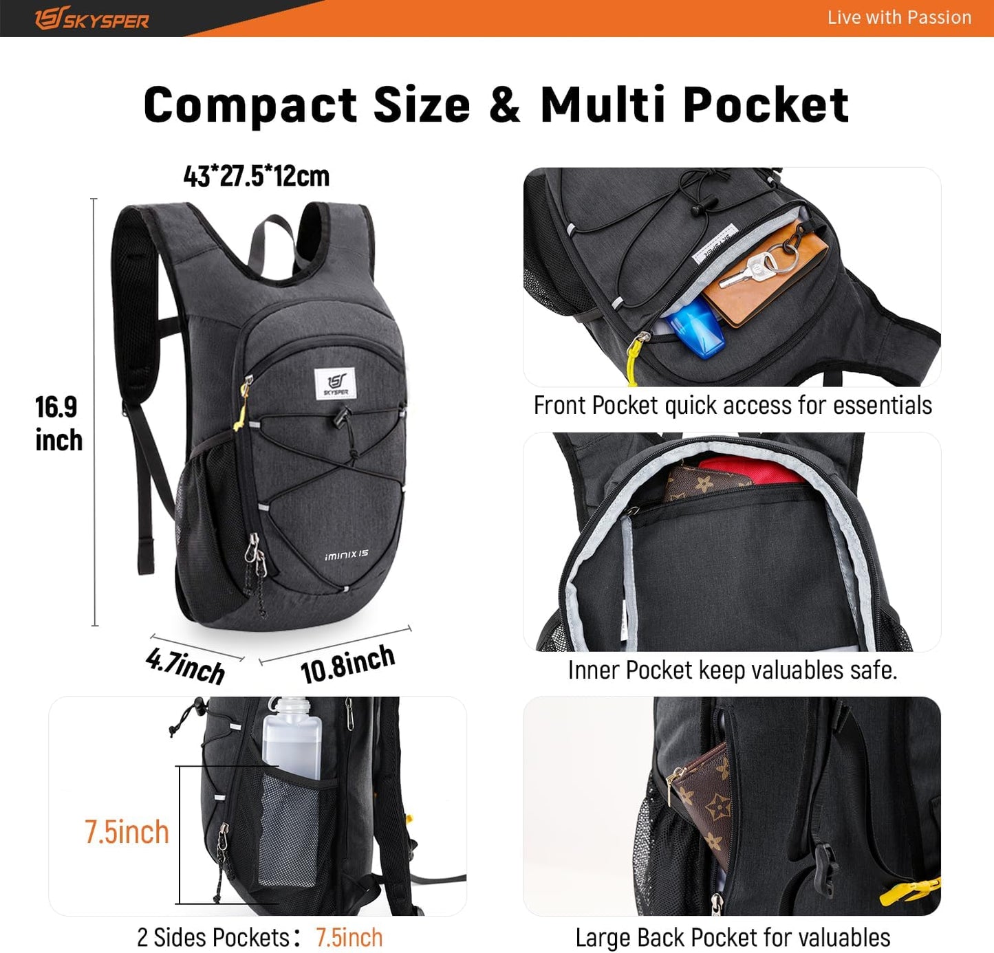 SKYSPER 15L/20L Foldable Hiking Backpack Lightweight Packable Travel Daypack with Chest Strap Small Folding Pack for Walking