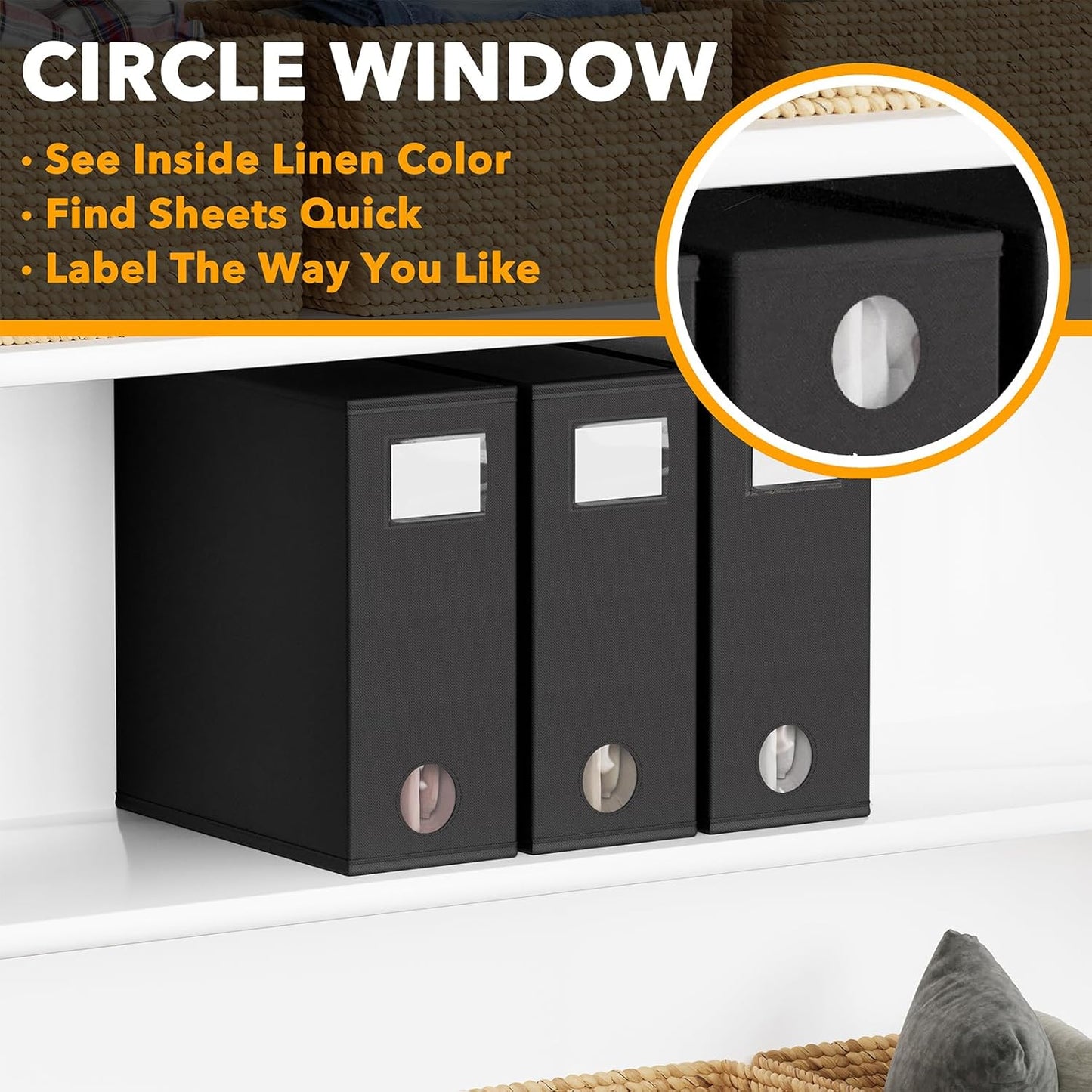 SpaceAid 3 Pack Bed Sheet Organizers and Storage, Foldable Organizer for Linen Closet, Set Folder Keeper With Window XL (Queen & King Size) Bedding Container (Black)