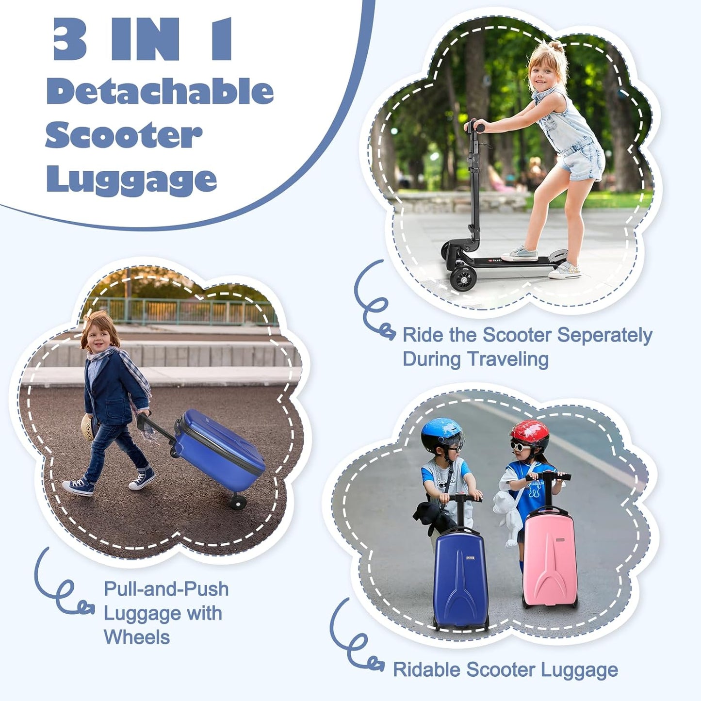 iubest Scooter Luggage Carry On Scooter Suitcase for Kids Age 4-15, Detachable & Foldable 4 in 1 Kids Suitcase, Multifunctional Ride On Travel Trolley Scooter Combo-Blue