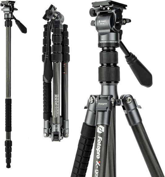 Fotopro 59" Carbon Fiber Travel Tripod, Compact Video Tripods with Fluid Head, Detachable Monopod with Quick Release Plate and Bag, Camera Tripod Load up to 8KG/17.63lbs
