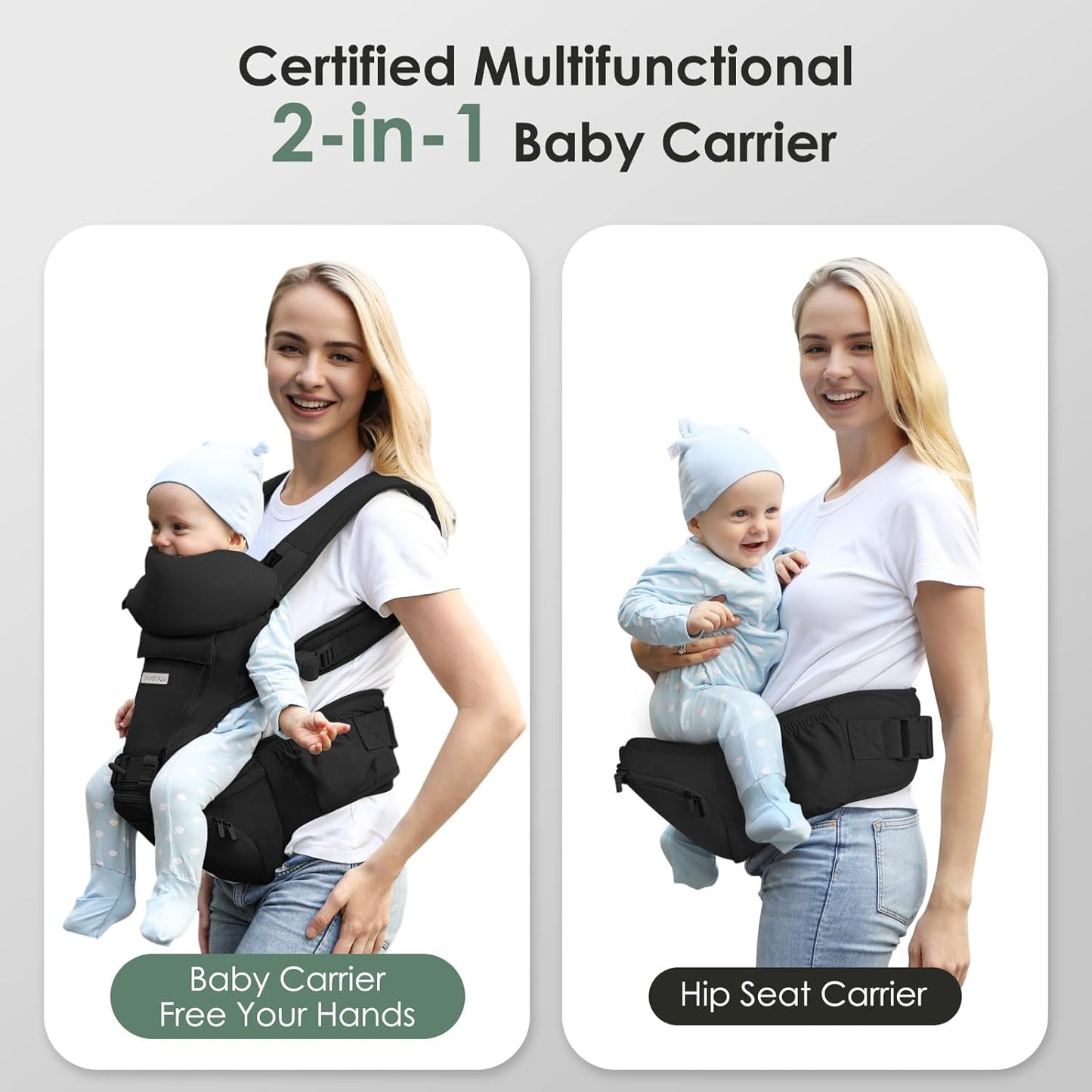 FRUITEAM Baby Carrier Newborn to Toddler 6 in 1 Hip Waist Stool with Head and Lumbar Support, Safety - Certified Hip Seat Carrier, Adjustable & Removable Baby Carrier for All Seasons, Black