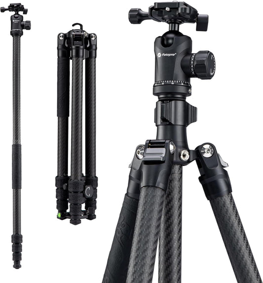 Fotopro Carbon Fiber Tripod 64 Inch 360 Degree Ball Head Quick Release Plate Camera Tripod Compatible with Canon Nikon Sony DSLR Camcorder, Black
