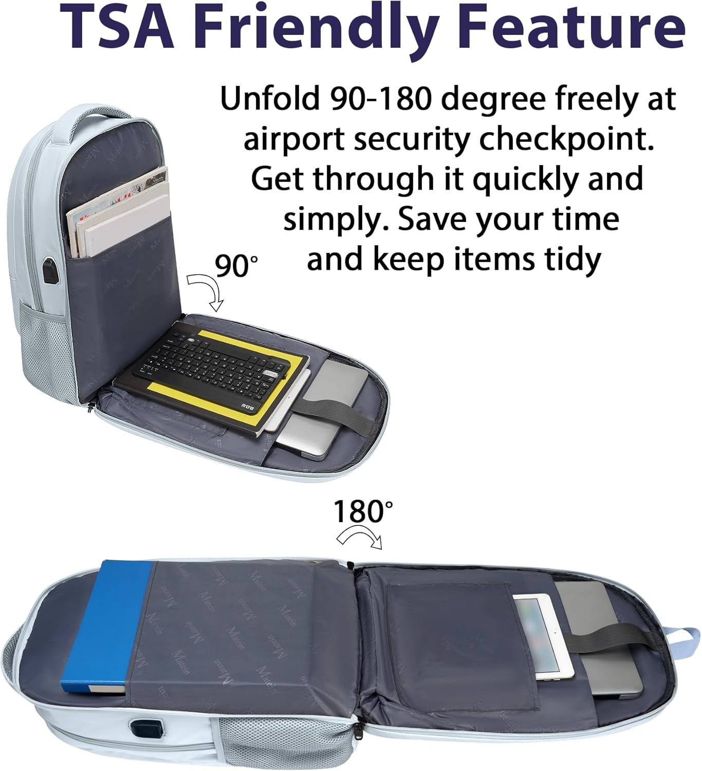 MATEIN Large College Laptop Backpack, Water Resistant Nurse Travel Backpack with USB Charging Port TSA Approved, Soft Anti Theft Comupter Bag for Work, Blue Beige