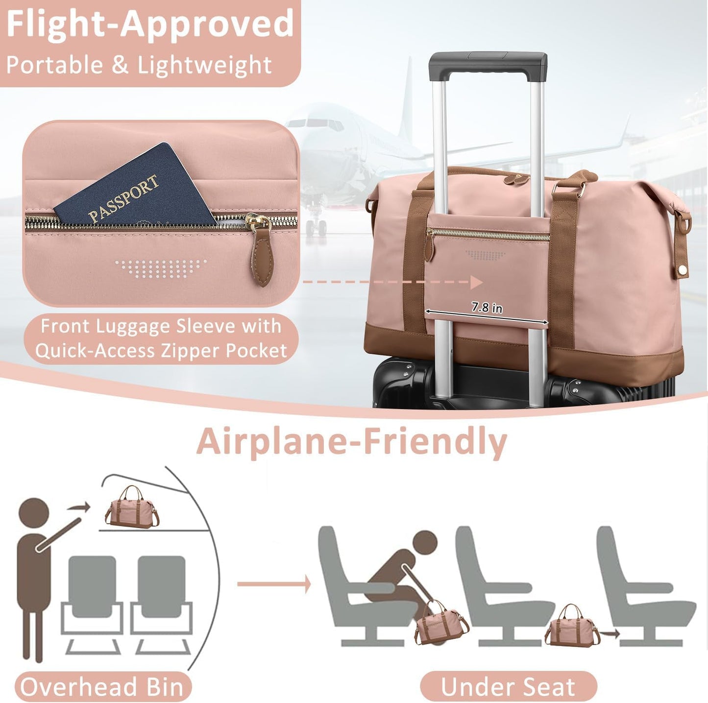 Travel Duffle Bag for Women, Weekender Bags, Hospital Bag for Labor Delivery, Lightweight Tote Duffel Overnight Bag with Luggage Sleeve, Airplane Travel Bags with Toiletry Bag, Large, Pink