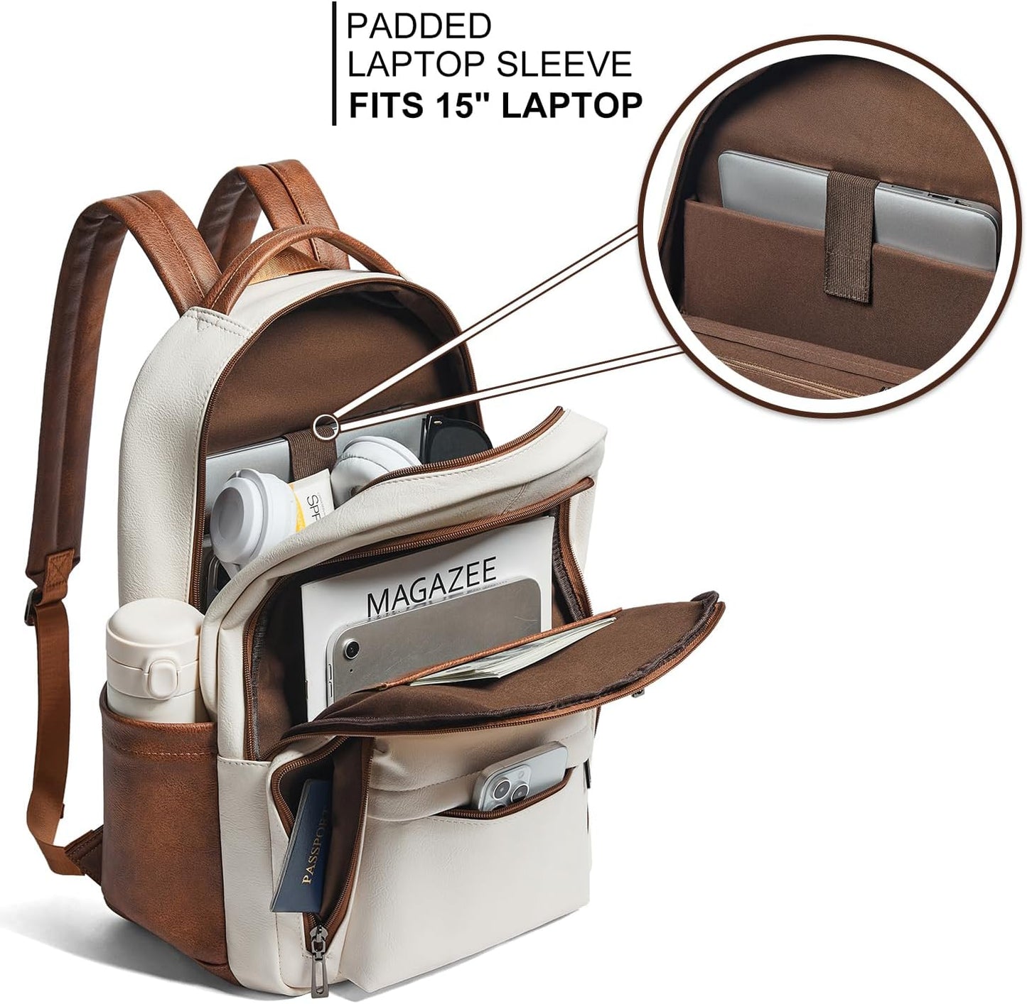 30L Business Laptop Backpack for Women Men, Travel Work Backpack Purse Faux Leather College Bookbag fits 15.6" Laptop - Beige