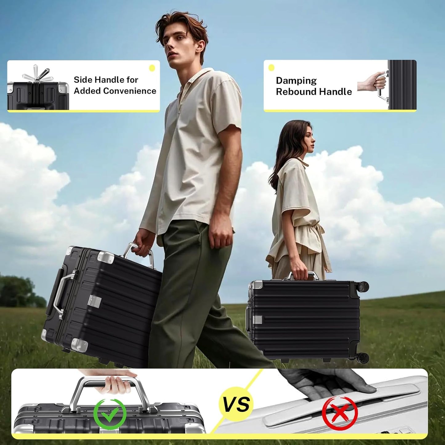 Krute Carry On Luggage 20 inch Aluminum Frame Suitcase with Spinner Wheels No Zipper Hardshell PC+ABS Luggages TSA Lock Zipperless Suitcases