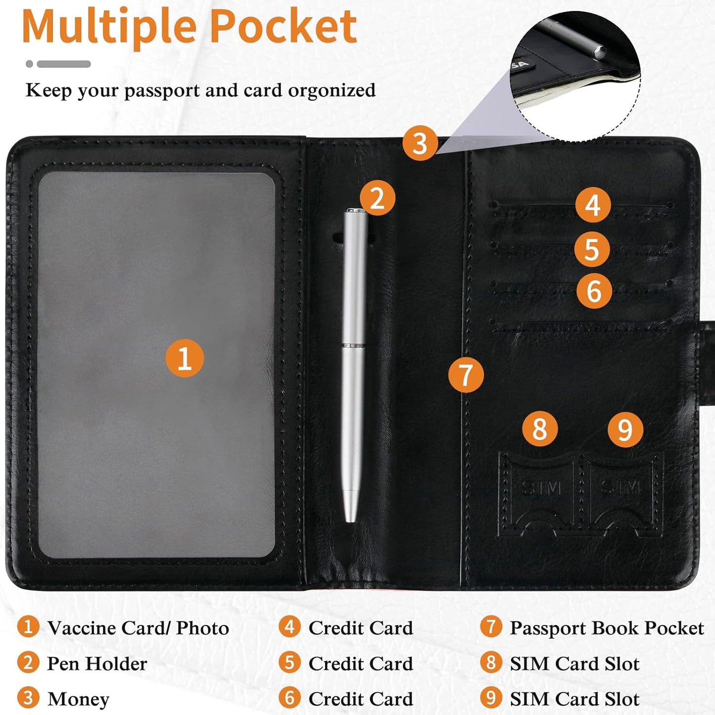 TIGARI Passport Holder for Travel Women Men, PU Leather Waterproof RFID Passport Holder Wallet Cover Case Sleeve, Family Vacation Plane Cruise Travel Document Organizer Essentials-Black