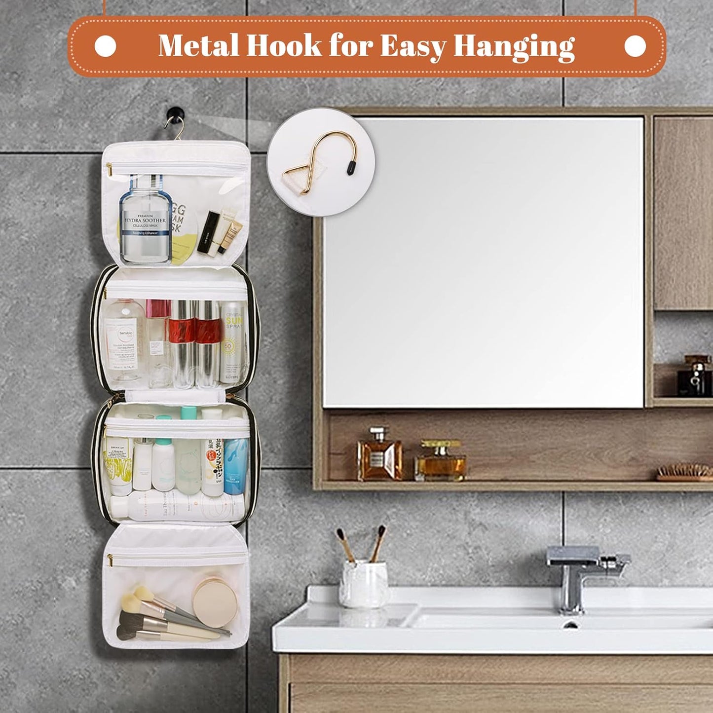 Hanging Travel Toiletry Bag,Large Capacity Cosmetic Travel Toiletry Organizer for Women with 4 Compartments & 1 Sturdy Hook,Perfect for Travel/Daily Use/Christmas