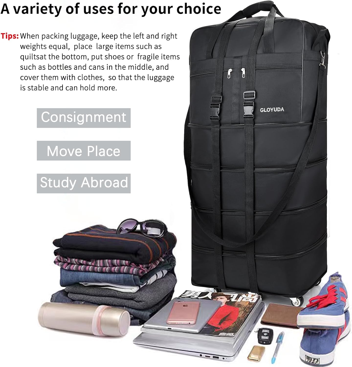 Expandable Foldable Luggage, 42'' Suitcase With Spinner Wheels, Rolling Duffle Bag with Wheels and Handle, Collapsible Luggage With 2 Handle Wrap and 2Fixing Straps1Shoulder Strap (Jet Black)