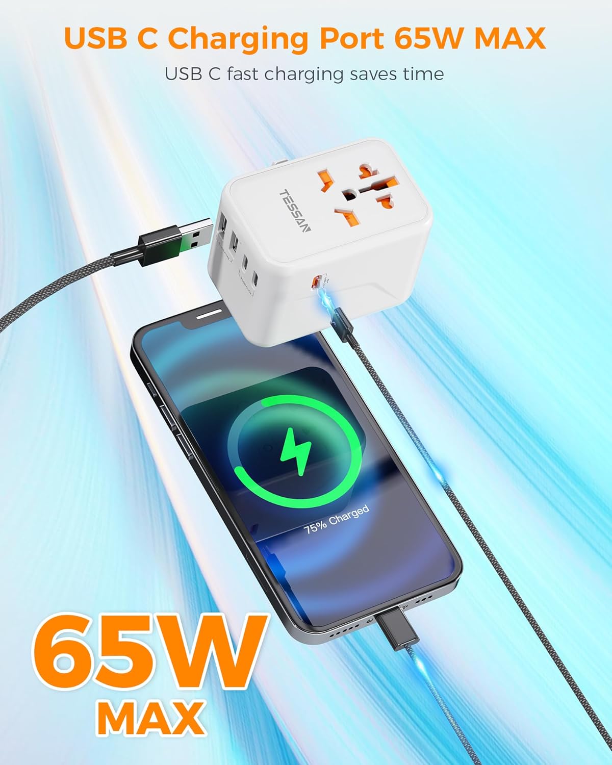 TESSAN Universal Travel Adapter Worldwide, GaN 65W International Plug Adaptor with 3 USB C 2 USB A Ports, World Power Outlet for European USA UK Australia Ireland(Type C/G/A/I)