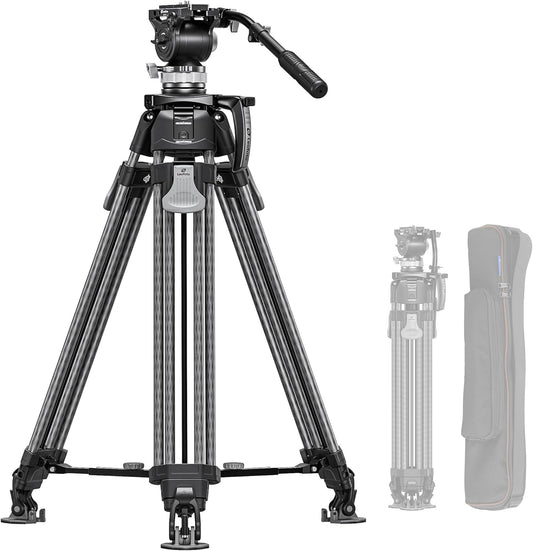 Heavy Duty Carbon Fiber Tripod with Fluid Head, One-Step Unlock System, with Removable Handle and Center Spreader, MaxLoad 8 KG/17.64 LB, Balanced Load 3 KG/6.61 LB (LVF-163C+BV-15)