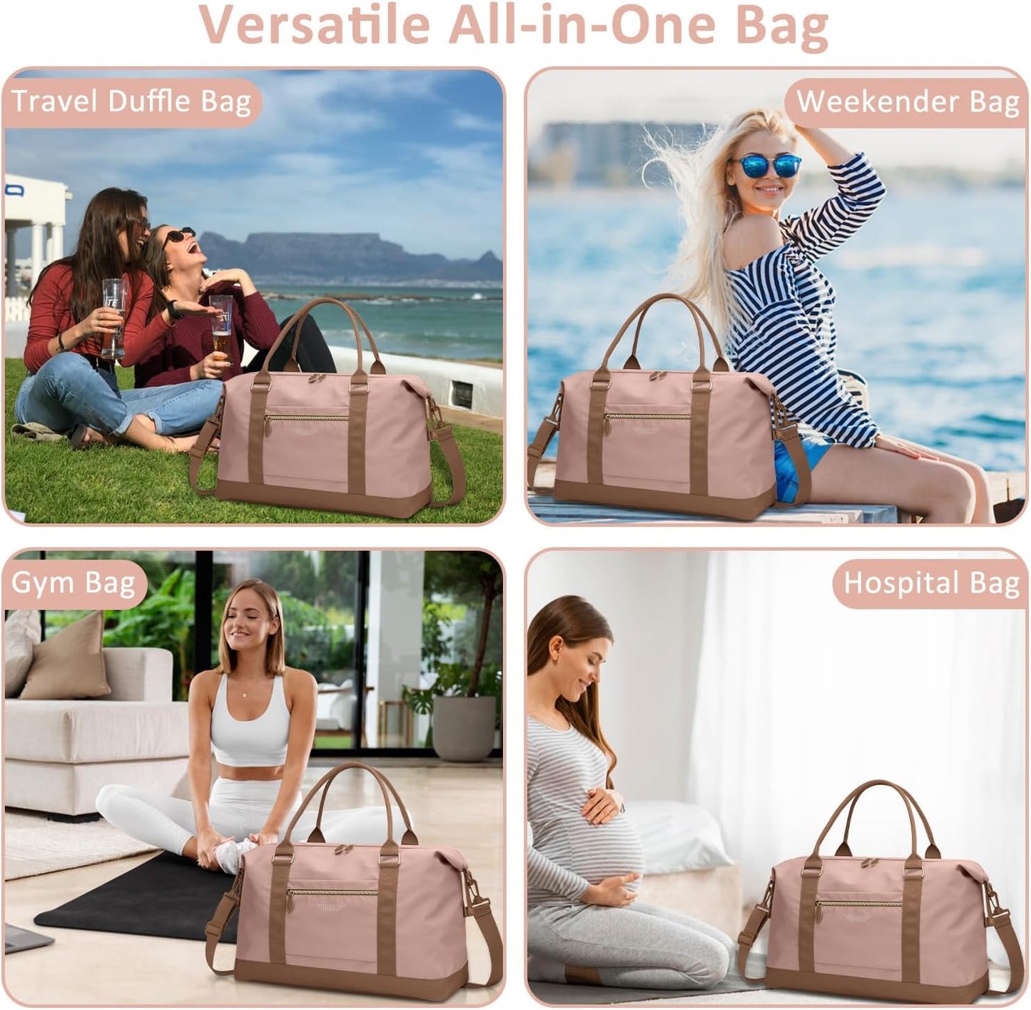 Travel Duffle Bag for Women, Weekender Bags, Hospital Bag for Labor Delivery, Lightweight Tote Duffel Overnight Bag with Luggage Sleeve, Airplane Travel Bags with Toiletry Bag, X-Large,Pink