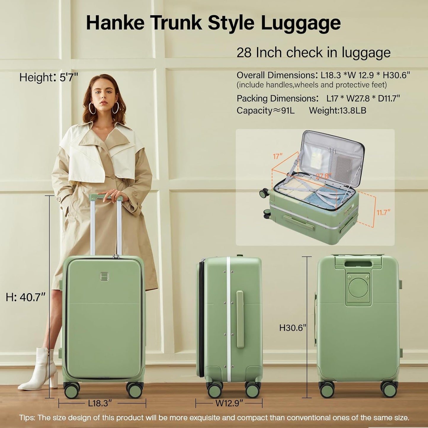 Hanke 28 Inch Luggage with Cup Holder and Charge,Top Opening Hard Shell Suitcases with Wheels and Dividers,Aluminum Frame Trunk Luggage Extra Large Suitcase with Lock for Travel，Bamboo Green