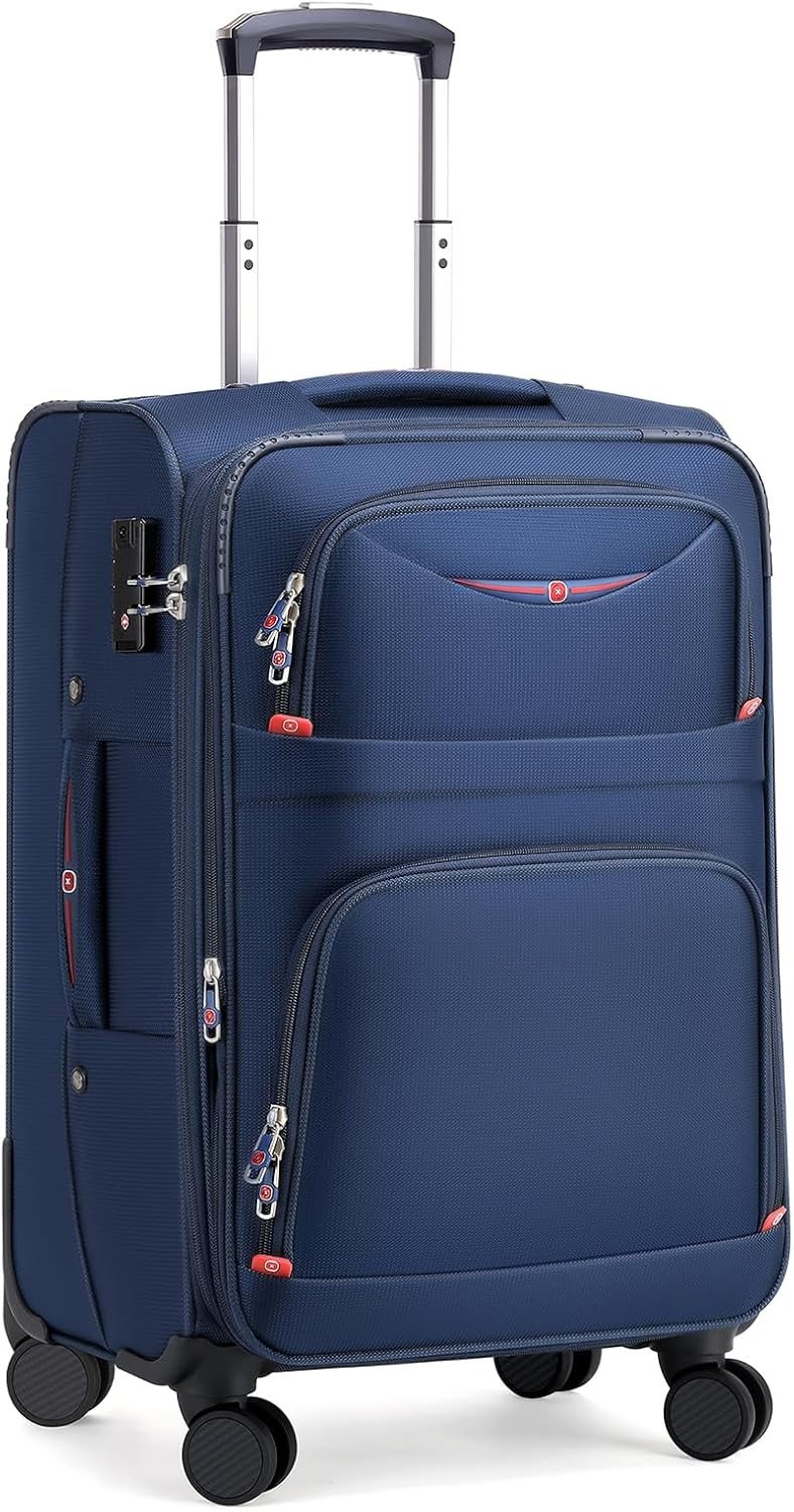 Softside Expandable Luggage with 4 Spinner Wheels, Durable Carry-On Luggage Suicase (Blue, 21-Inch)