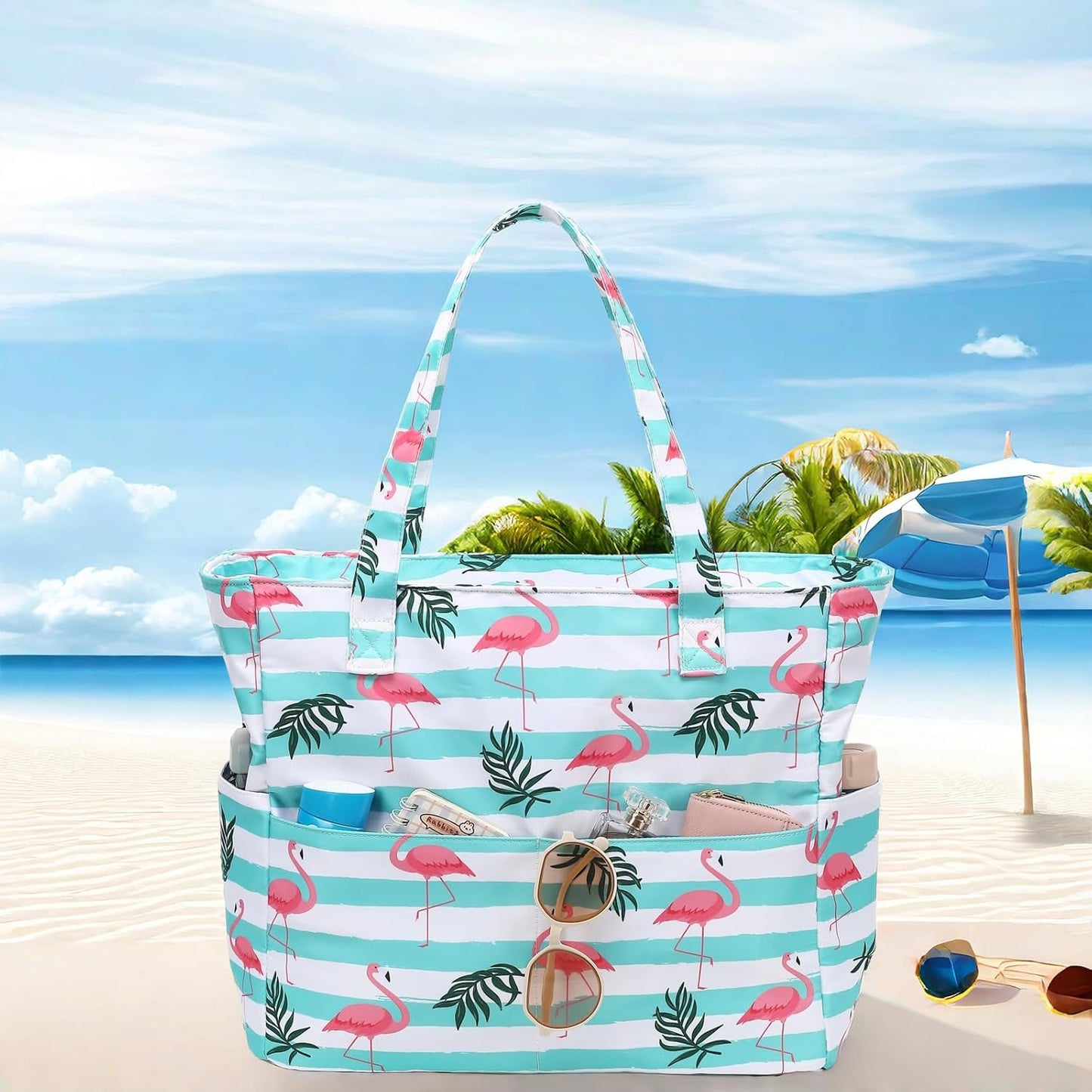 LEDAOU Beach Bag Waterproof Sandproof Women Tote Bag Pool Bag with Zipper for Gym Grocery Travel with Wet Pocket