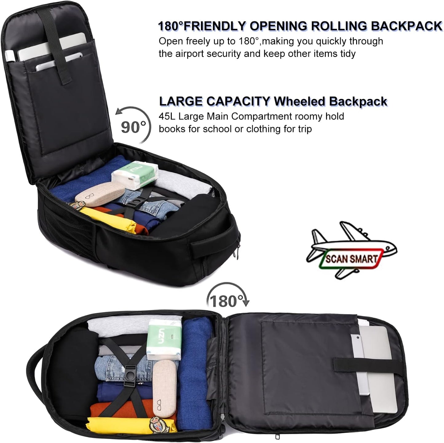 Rolling Backpack, Large Backpack with Wheels for Men Women Adults, 17inch Waterproof Wheeled Travel Laptop Backpack Carry on Luggage Bag Trolley Suitcase Business College School Computer Bookbag,Black