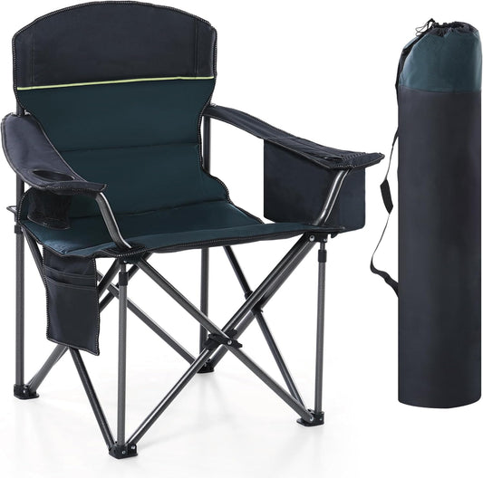 HIGH POINT SPORTS Camping Folding Chair, Heavy Duty Oversized Portable Outdoor Chair, Foldable Camp Chair with Cup Holder and Cooler Bag Support 450 LBS, Green…