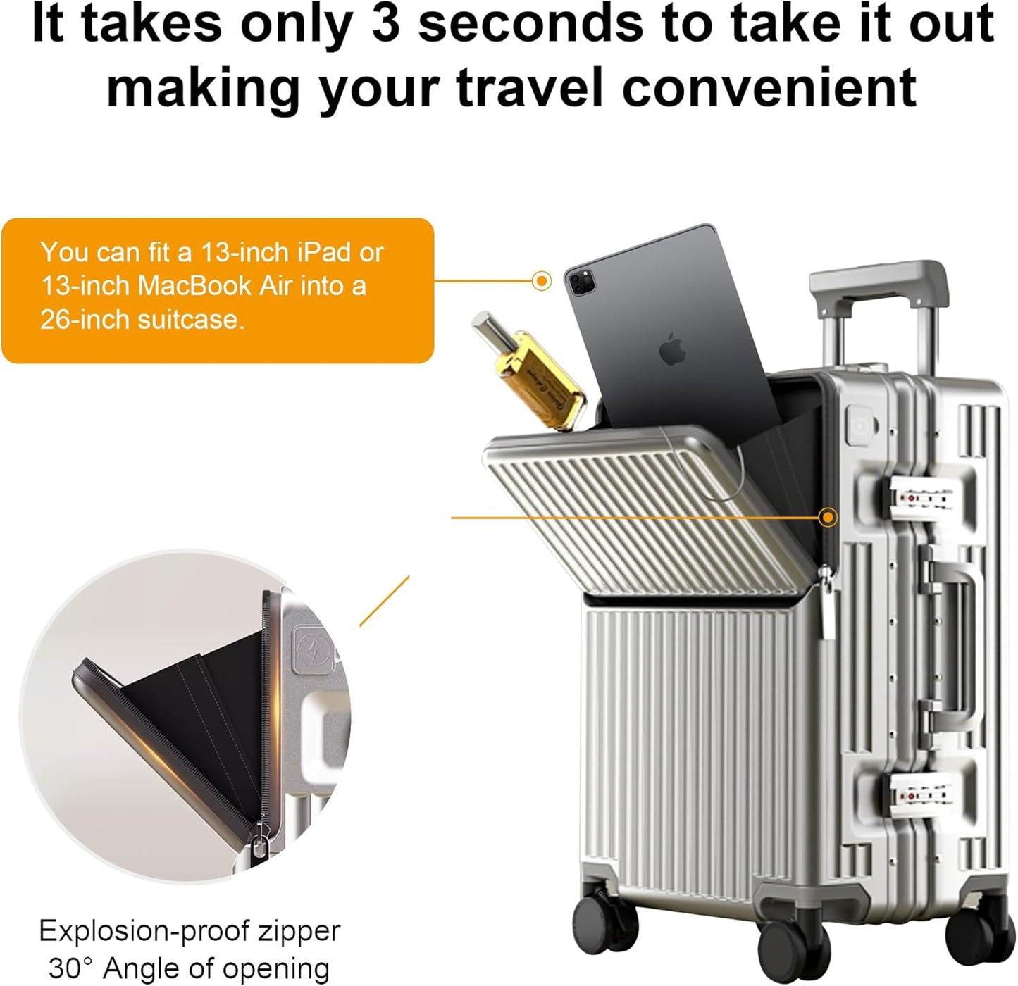 Zipperless Luggage, Polycarbonate Aluminum Hard Shell, Expandable Carry-On Suitcase with Spinner Wheels, Hard Shell Suitcase, 26 Inch Cabin