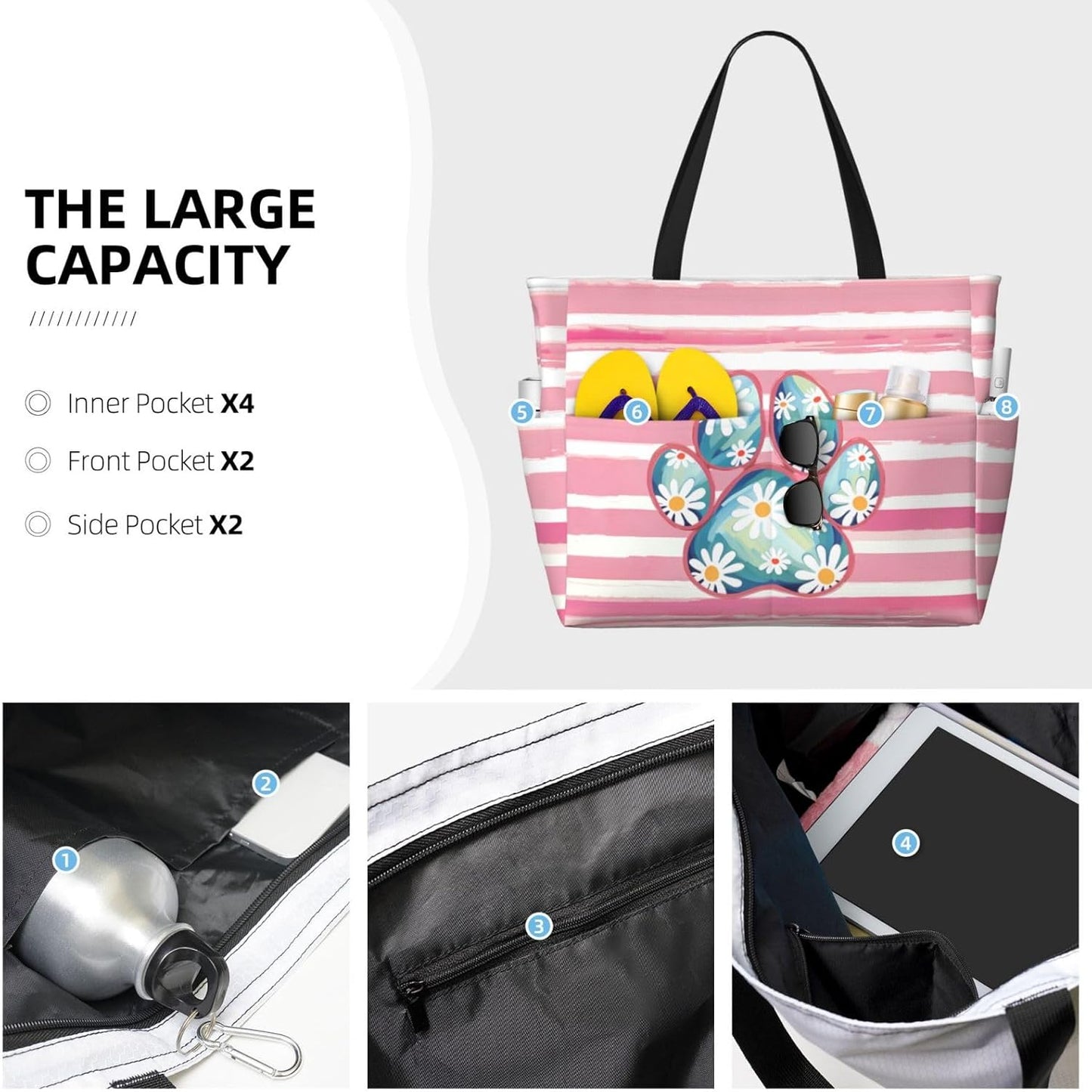 Beach Bag for Women Beach Tote Bag Waterproof Sandproof Large Bags with Zipper Big Capacity for Vacation Travel