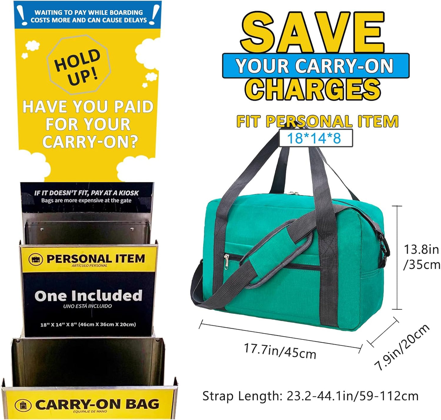 For Spirit Airlines Personal Item Bag 18x14x8 in Underseat Carry-on Luggage foldable Travel Duffle Bag for Airplanes(30L, Teal)