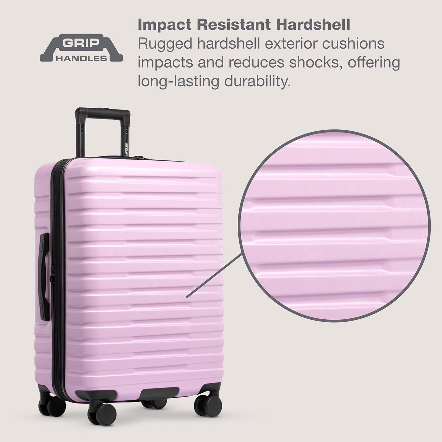 U.S. Traveler Boren Polycarbonate Hardside Rugged Travel Suitcase Luggage with 8 Spinner Wheels, Aluminum Handle, Lavender, 2-Piece Set, USB Port in Carry-On