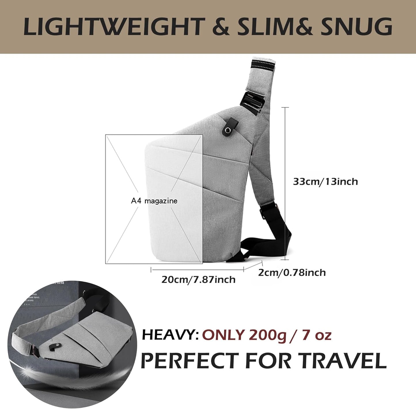 Anti Theft Crossbody Bags for Women Men, Multi-Pocket Shoulder Bag, Slim Sling Purse with 2 RFID Blocking Card (Right Shoulder-Khaki)