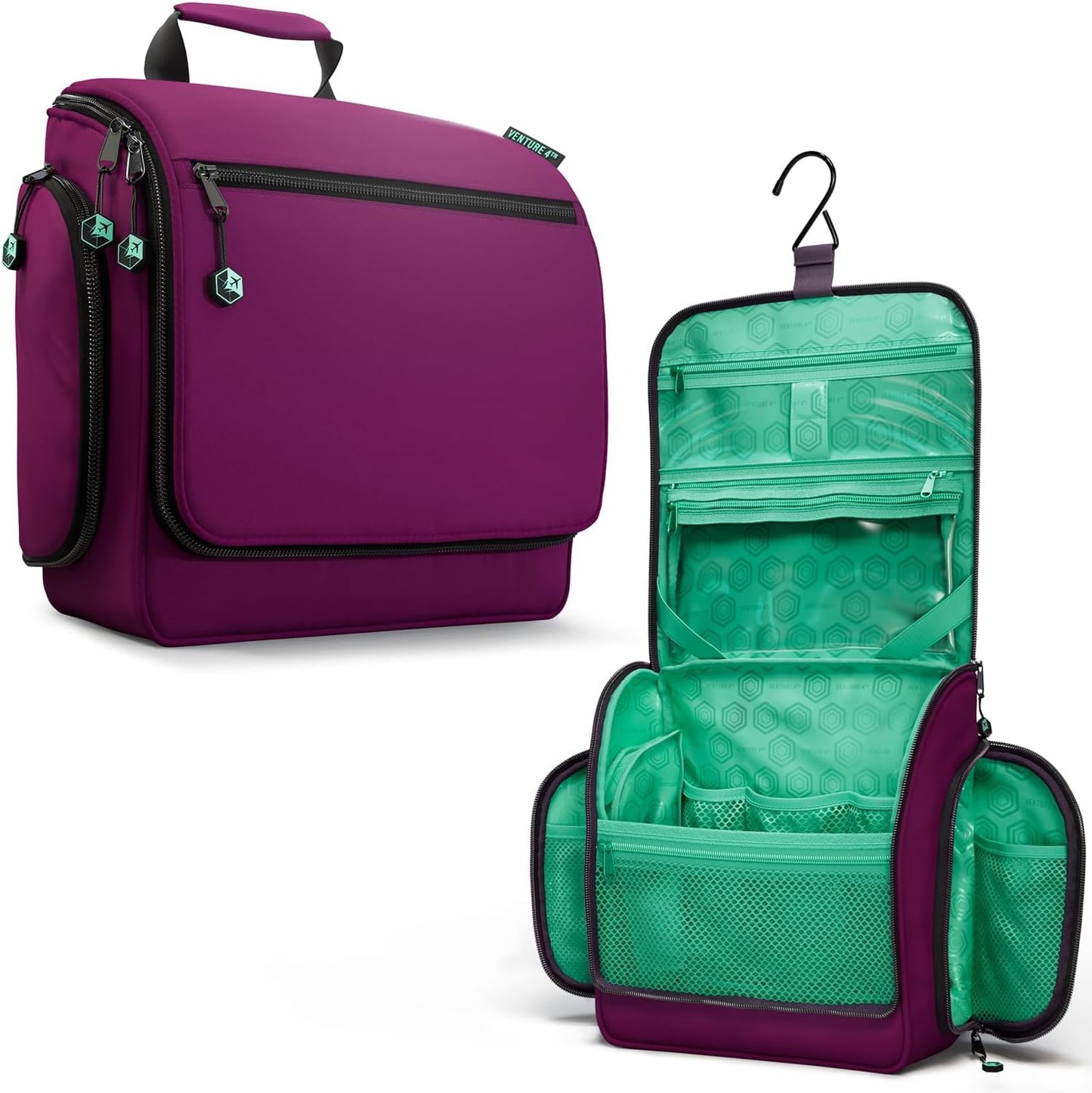 VENTURE 4TH Hanging Travel Toiletry Bag for Women & Men - Travel Organizer with Expandable Compartments & Removable Clear Pouch for Toiletries (Purple/Mint)