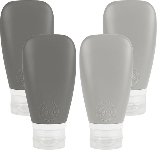 Travel Bottles for Toiletries, TSA Approved 3oz Leak Proof Silicone Soft Refillable Squeeze Travel Size Containers BPA Free for Cleansers, Lotions, Shampoo, Conditioner 4pk (2Black-2Gray)