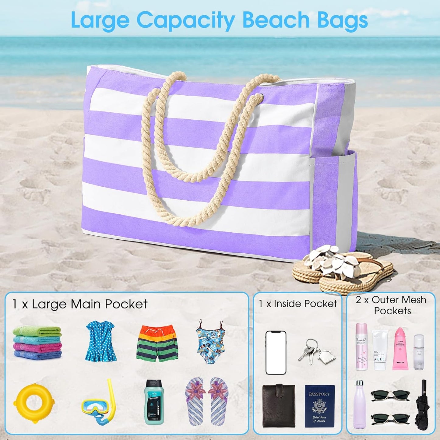 Becokan Beach Bags for Women Large Waterproof Beach Tote Bag Zipper Beach Bags Waterproof Sandproof Swim Pool Bag Large Tote