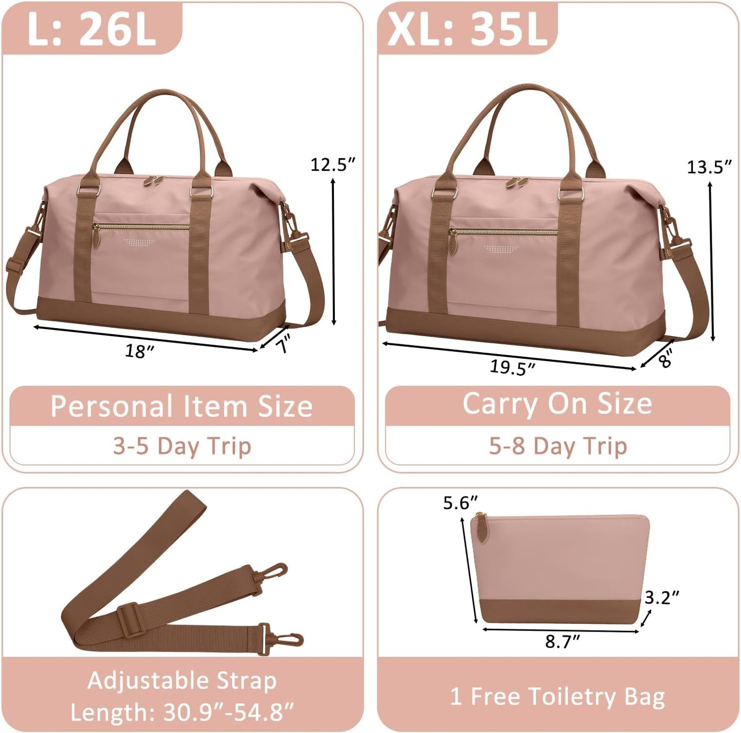 Travel Duffle Bag for Women, Weekender Bags, Hospital Bag for Labor Delivery, Lightweight Tote Duffel Overnight Bag with Luggage Sleeve, Airplane Travel Bags with Toiletry Bag, Large, Pink