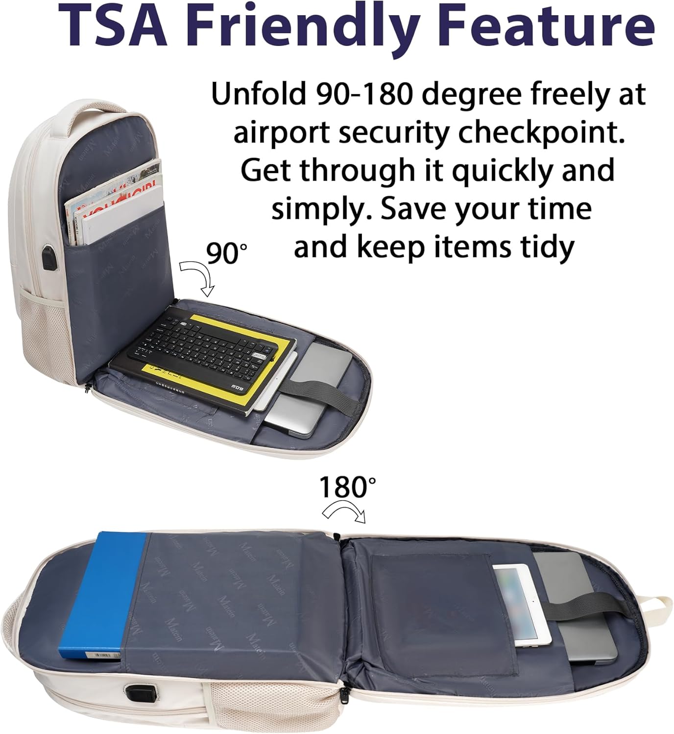 MATEIN 17 Inch Laptop Bookbag for Women, College School Backpack Large Capacity with USB Port & Luggage Strap, Water Resistant Padded Computer Backpack TSA Approved for Nurse Work Travel, Beige