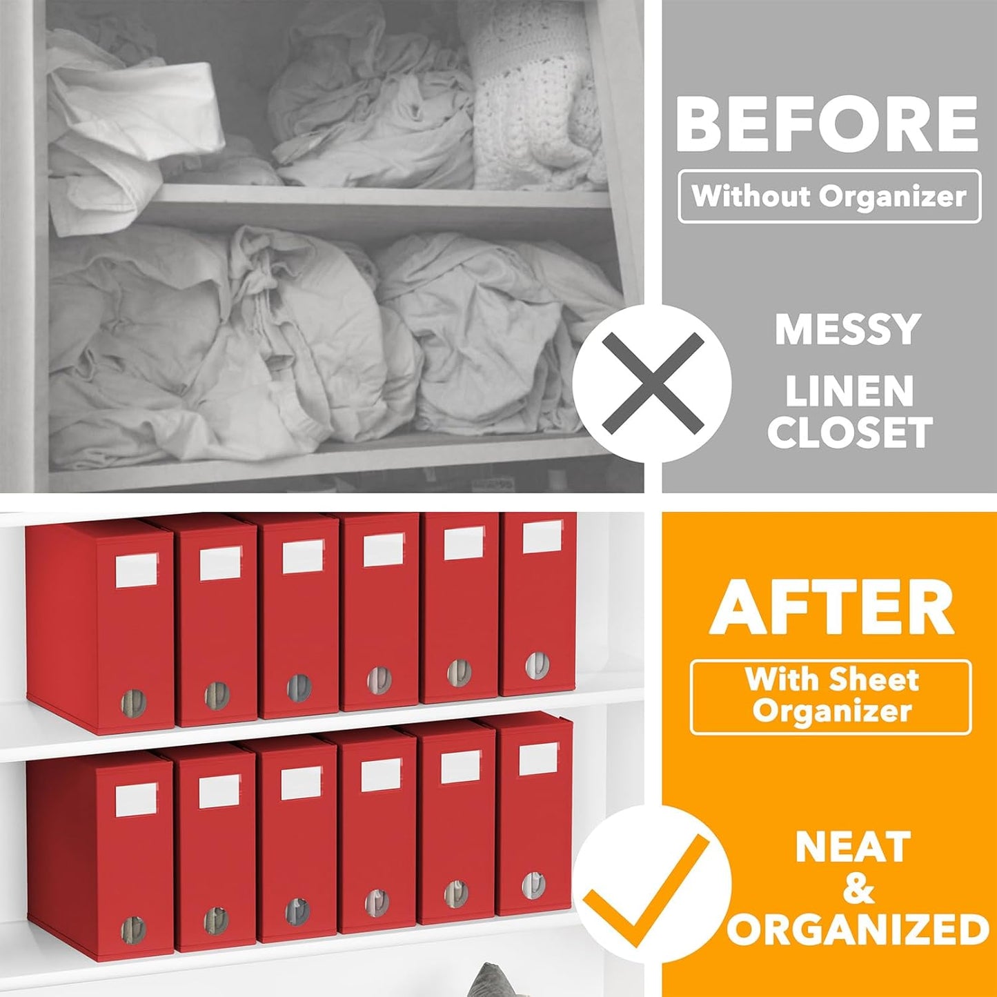 SpaceAid 12 Pack Bed Sheet Organizers and Storage, Foldable Organizer for Linen Closet, Set Folder Keeper With Window XL (Queen & King Size) Bedding Container (Red)