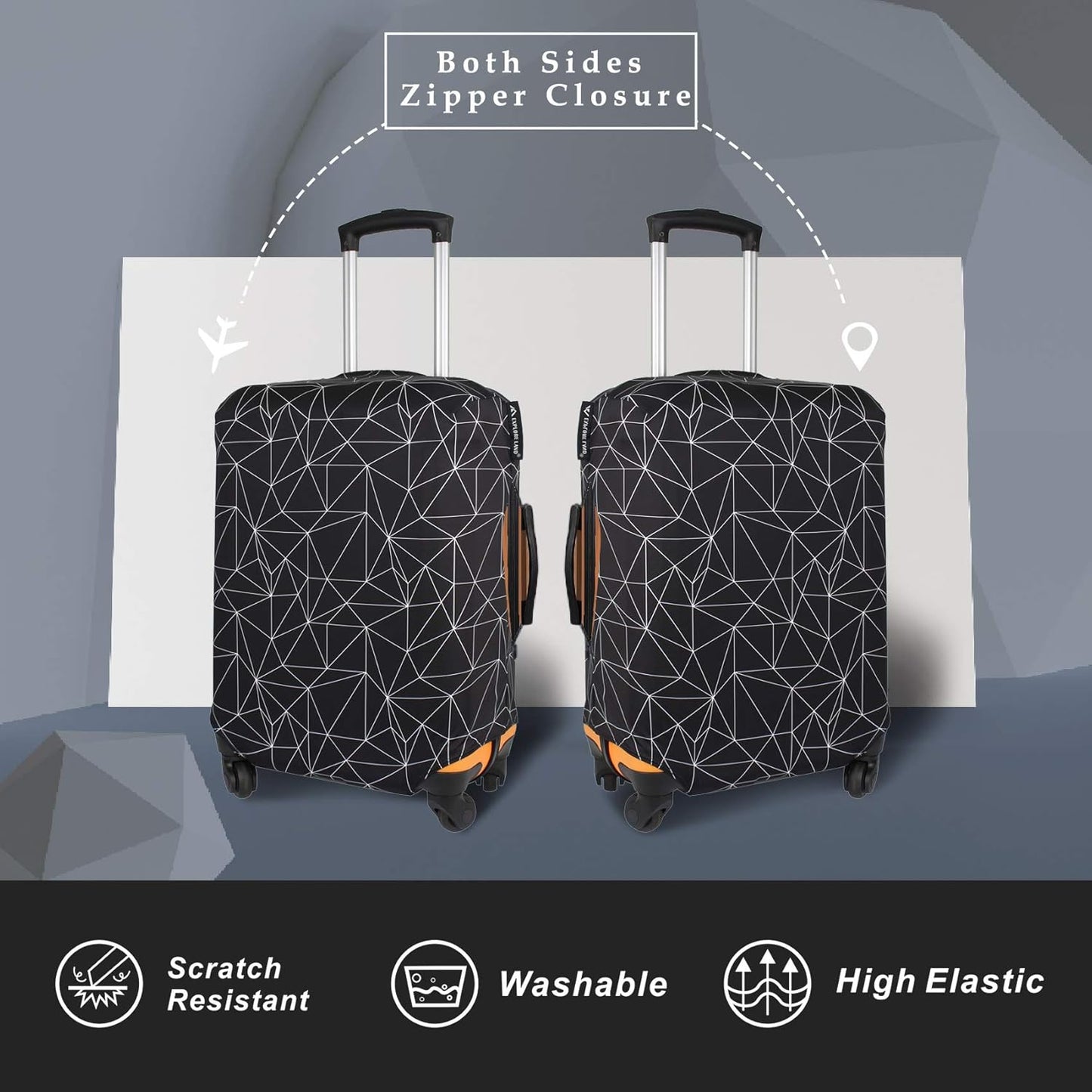 Explore Land Travel Luggage Cover Suitcase Protector Fits 27-30 Inch Case (Black Polygonal, L)
