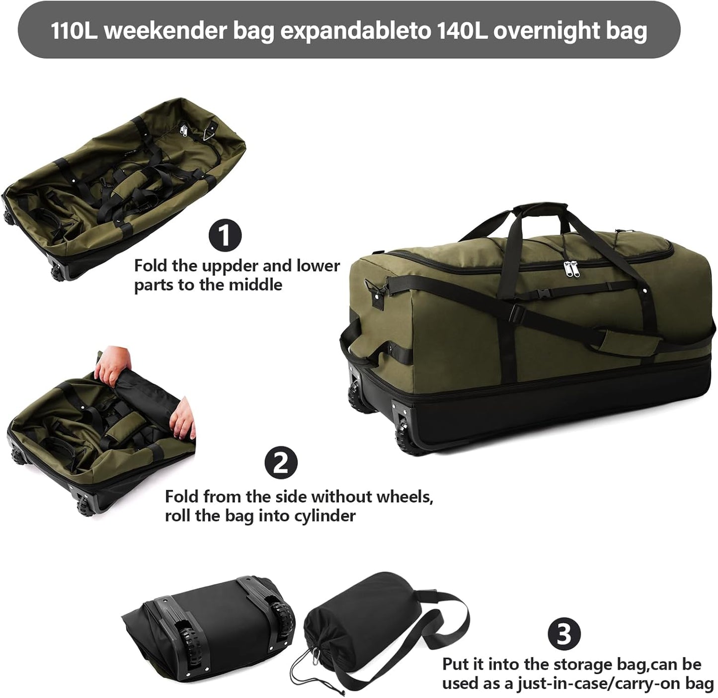 Rolling Duffle Bag with Wheels,110L/140L Expandable Soft-Sided Foldable Duffle Bag with 2 Rubber Wheels,Packable 32” Rolling Carry-On with Multi-Pockets & Compartments (Green)