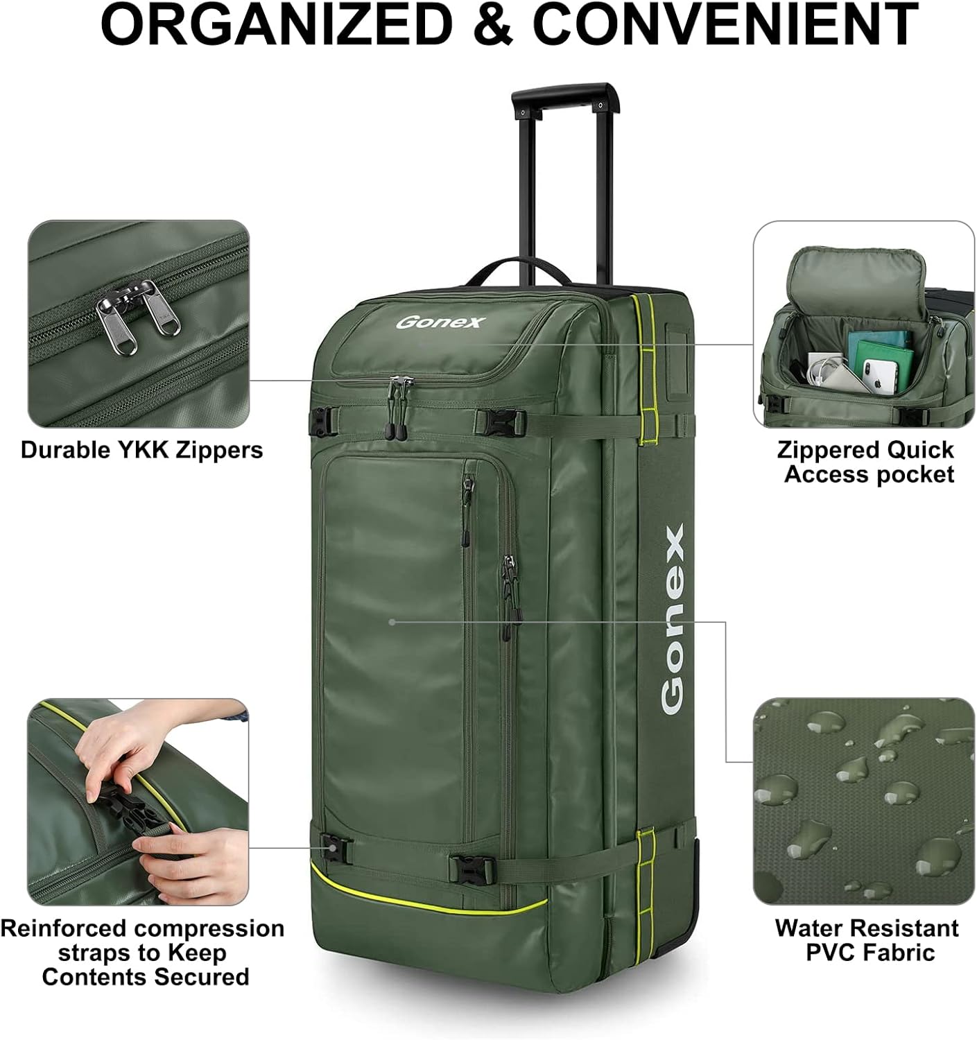 Gonex Rolling Duffle Bag with Wheels, 100L Water Repellent Large Wheeled Travel Duffel Luggage with Rollers 33 inch, Olive Green