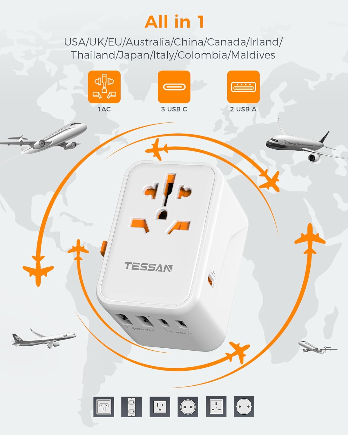 TESSAN Universal Travel Adapter Worldwide, GaN 65W International Plug Adaptor with 3 USB C 2 USB A Ports, World Power Outlet for European USA UK Australia Ireland(Type C/G/A/I)