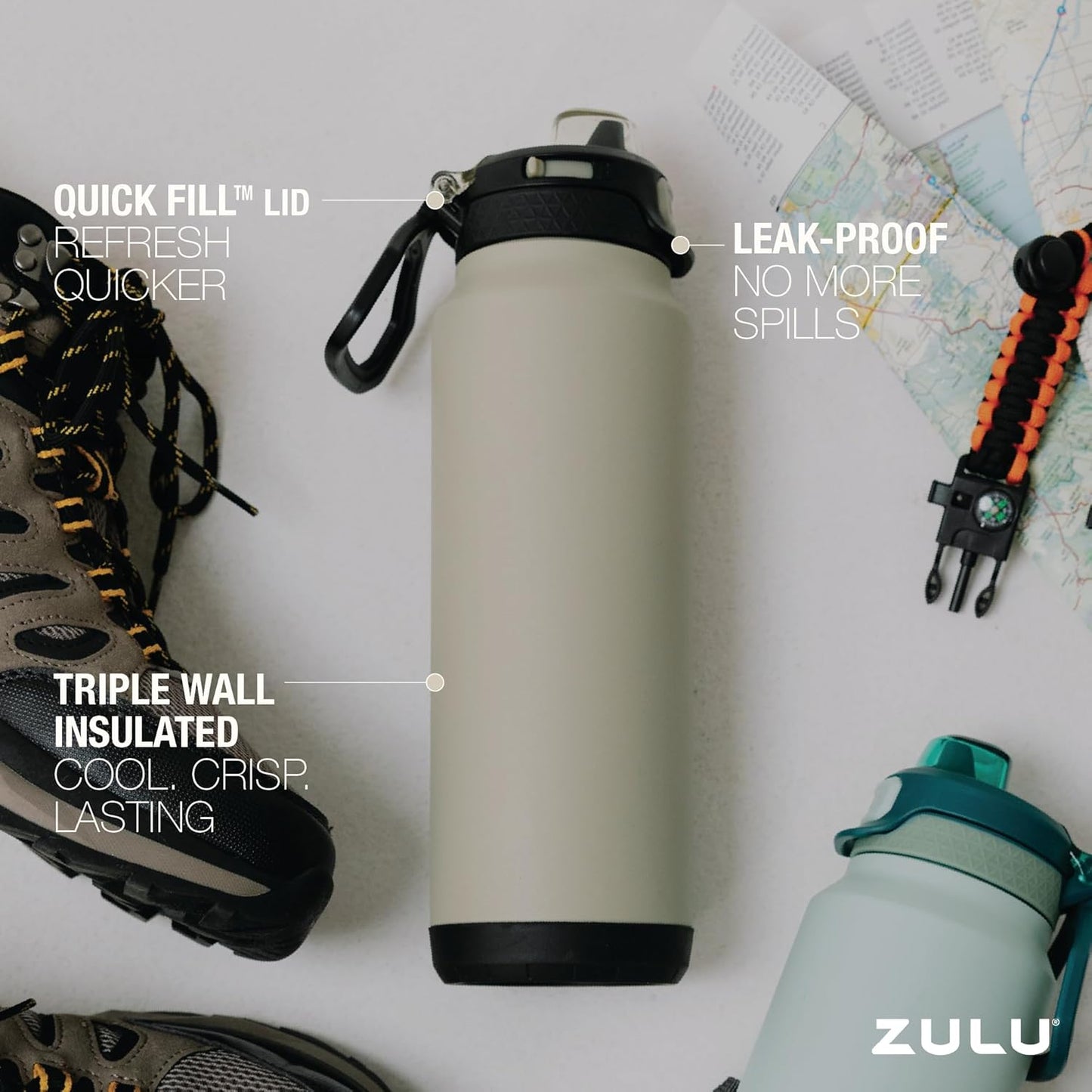 ZULU Powerfill Pro 40oz Stainless Steel Water Bottle with Quick Fill Lid, Triple Walled Vacuum Insulated Metal, Leak Proof Locking Lid, Sip and Chug, Reusable BPA Free, Ash