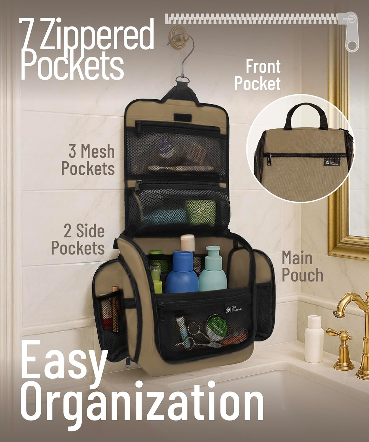 D&D Hanging Travel Toiletry Bag for Men and Women – Cosmetics, Makeup and Toiletries Organizer Kit with 10 Compartments, Quality Zippers, XXL Metal Swivel Hook, Water-Resistant Nylon