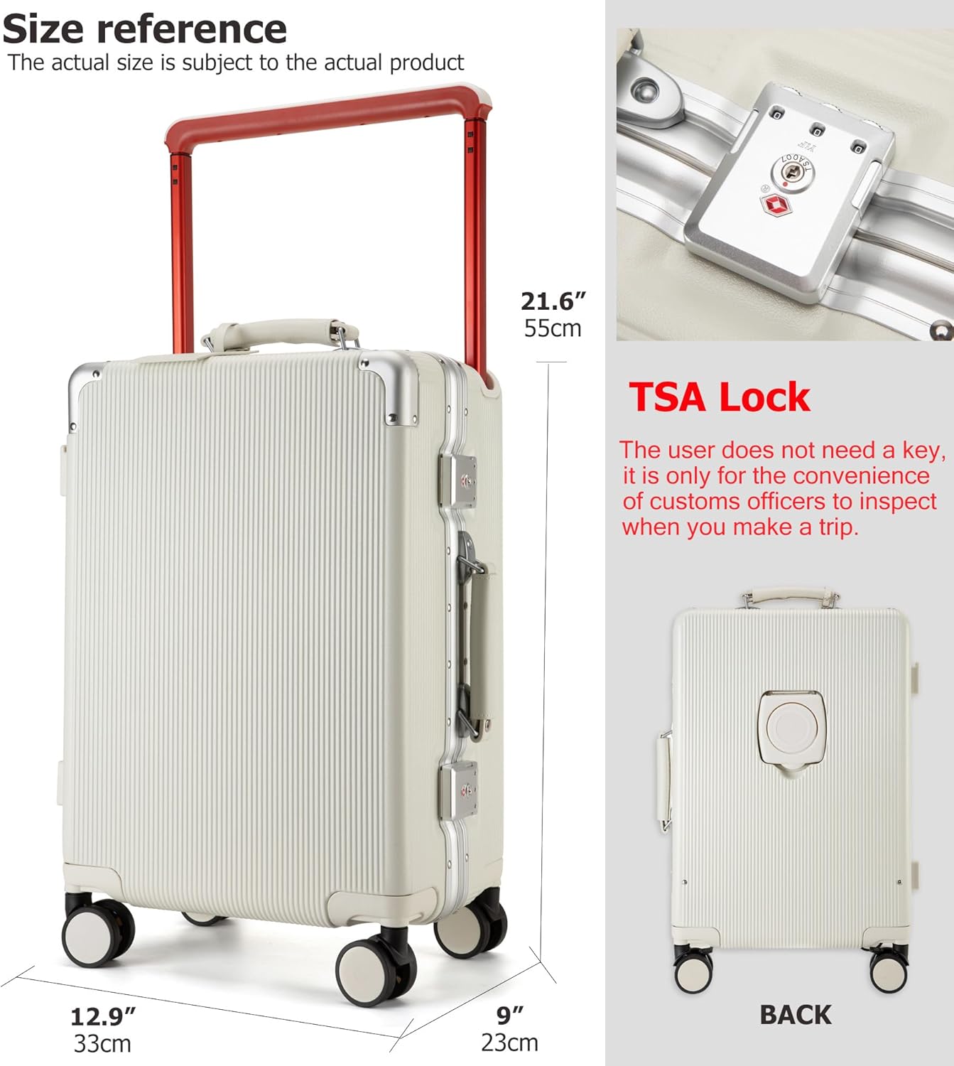 feilario 20'' Aluminum Frame Wide Handle PC Hardside Carry On Luggage - Double Spinner Wheels Luxury Rolling Travel Suitcase with TSA Lock & Cup Holder