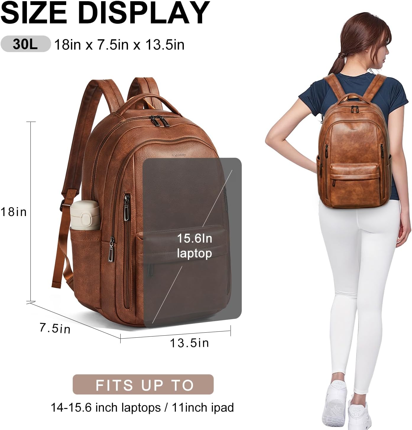 30L Business Laptop Backpack for Women Men, Travel Work Backpack Purse Faux Leather College Bookbag fits 15.6" Laptop - Brown