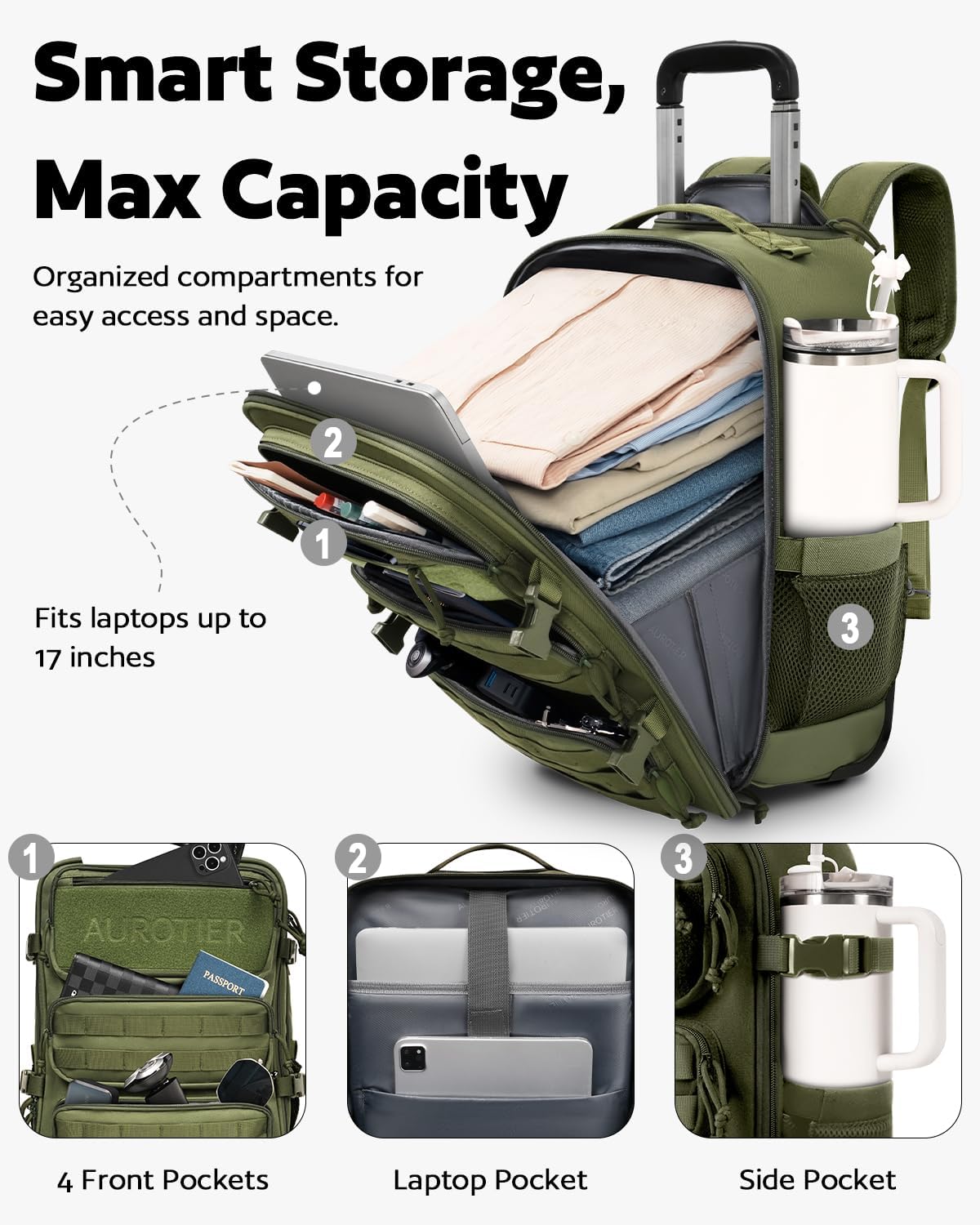 Rolling Tactical Laptop Backpack, Underseat Travel Backpack with Wheels, 17 Inch Wheeled Military Computer Backpack for Men and Women, Roller Overnight Molle Outdoor Hiking College Carry on Luggage