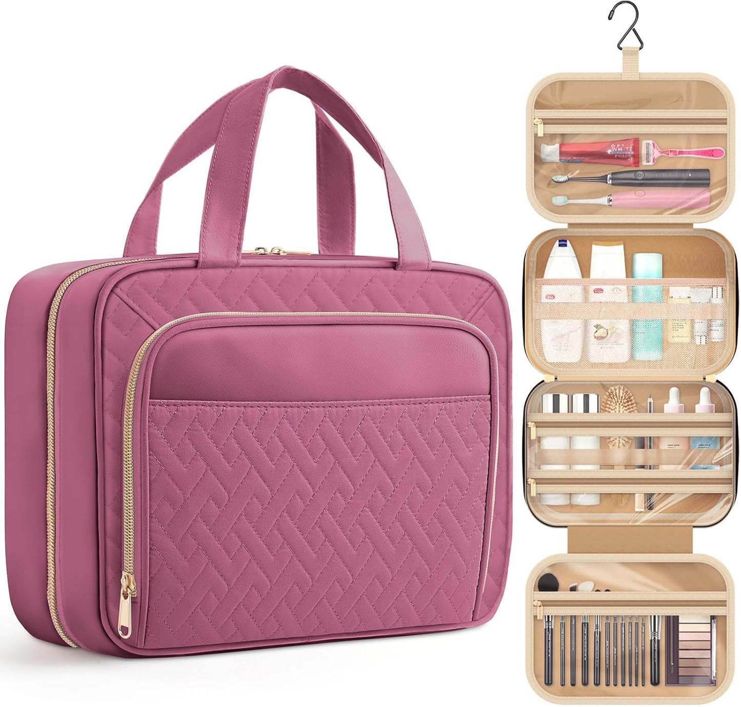 HOTOR Travel Toiletry Bag for Women & Men, Waterproof Makeup Bag with Hanging Hook and Multiple Pockets, Cosmetic Bags for Women, Travel Essentials, 11.2'' x 3.2'' x 8.9'', Rosewood-Pink